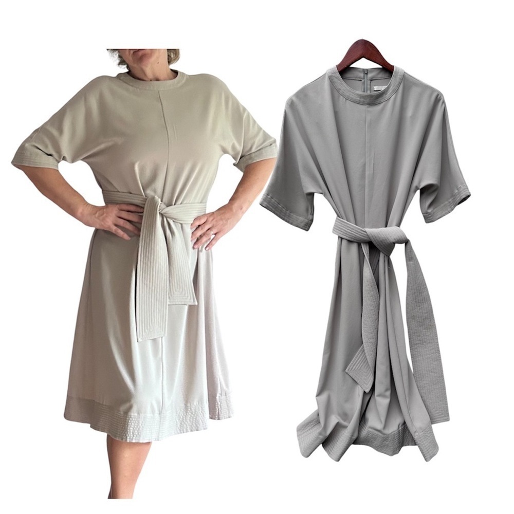 Oak + Fort belt wrap midi beige neutral round neck midi dress